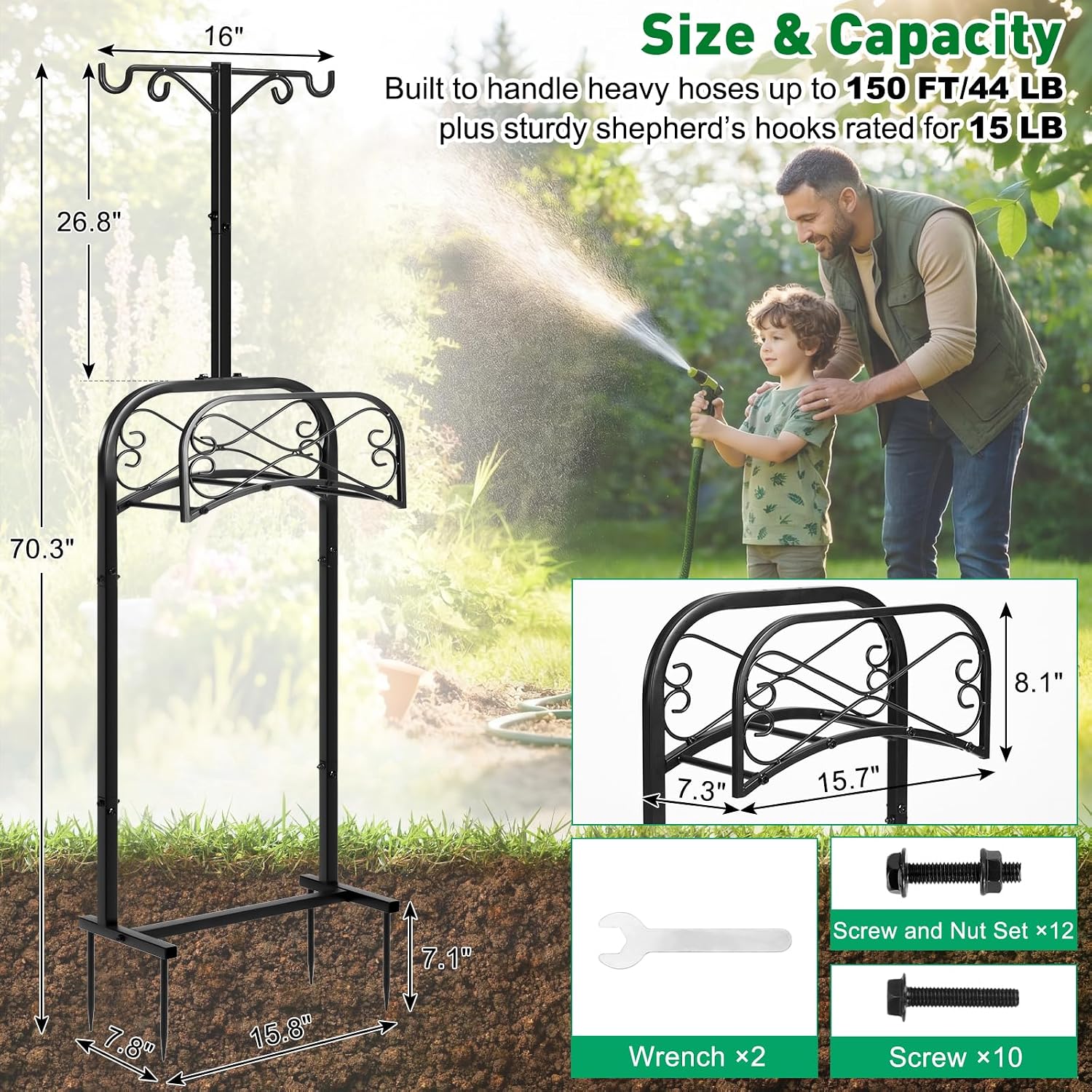 Gtongoko Garden Hose Holder for Outside 70" with 4 Prongs Base & 2 Shepherds Hooks Heavy Duty Freestanding Metal Water