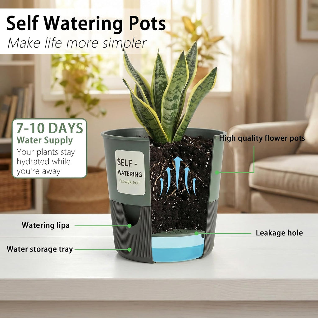Self Watering Pots for Indoor Plants, 3 Pack (7.5/6.3/5 Inch) Bottom Watering Planters with Drainage & Deep Reservoir