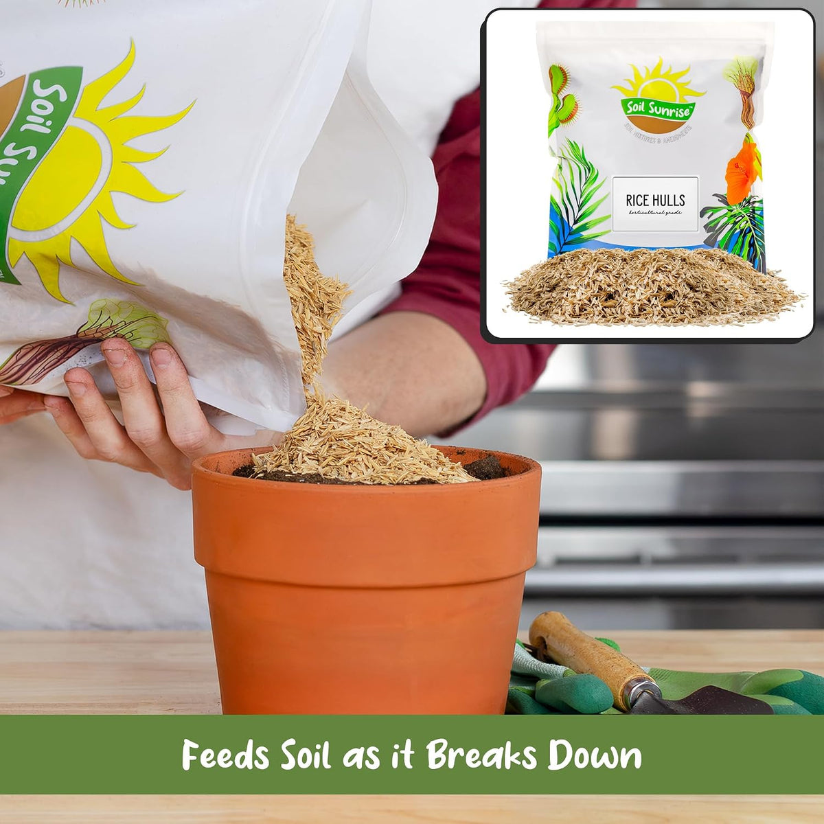 Soil Sunrise Organic Horticultural Grade Rice Hulls (8 Quarts) All-Natural Soil Amendment for Houseplants, Gardening