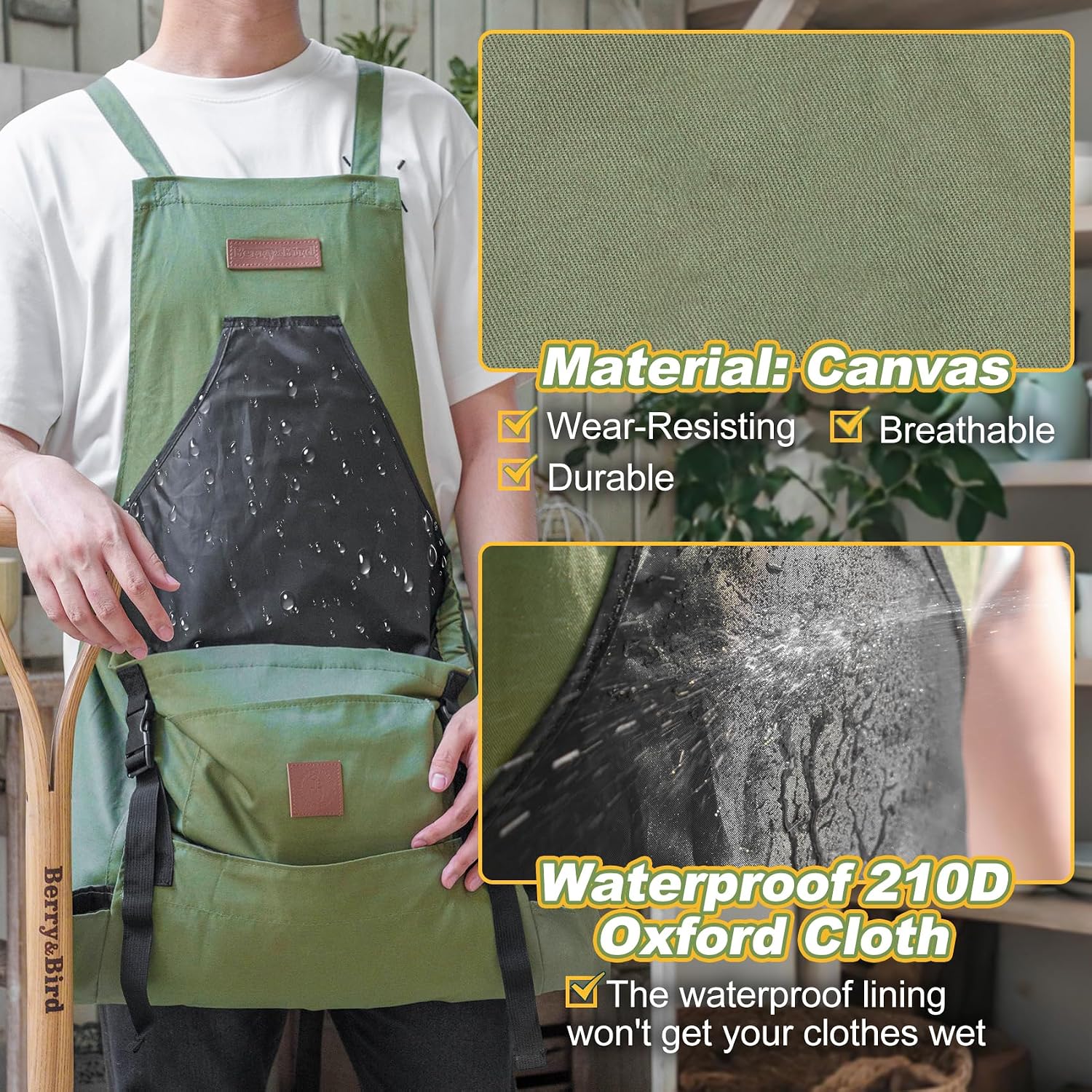 Berry&Bird Harvest Apron, Canvas Gardening Apron with Pockets and Harvesting Pouch Waterproof Harvesting Apron