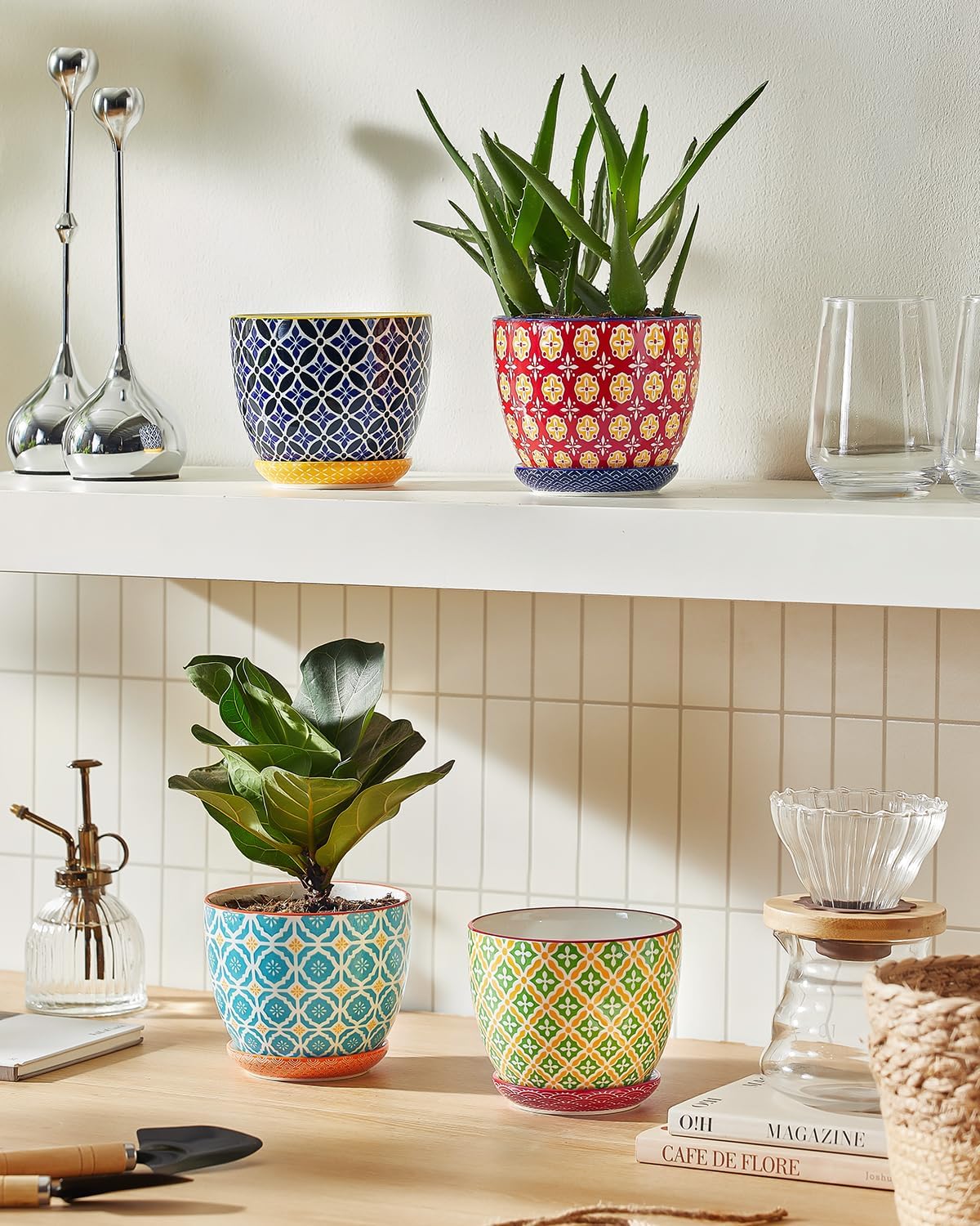 Metahom Ceramic Plant Pots, 4.9 Inch Flower Pots with Drainage Hole & Saucer, Colorful Planter Pots for Houseplants
