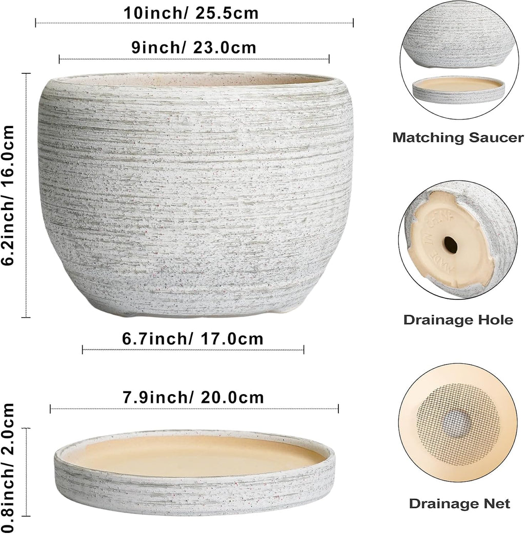 SQOWL Ceramic Flower Pots - 10 Inch Plant Pot Indoor with Drainage Hole and Saucer, Modern Ceramic Planter Outdoor