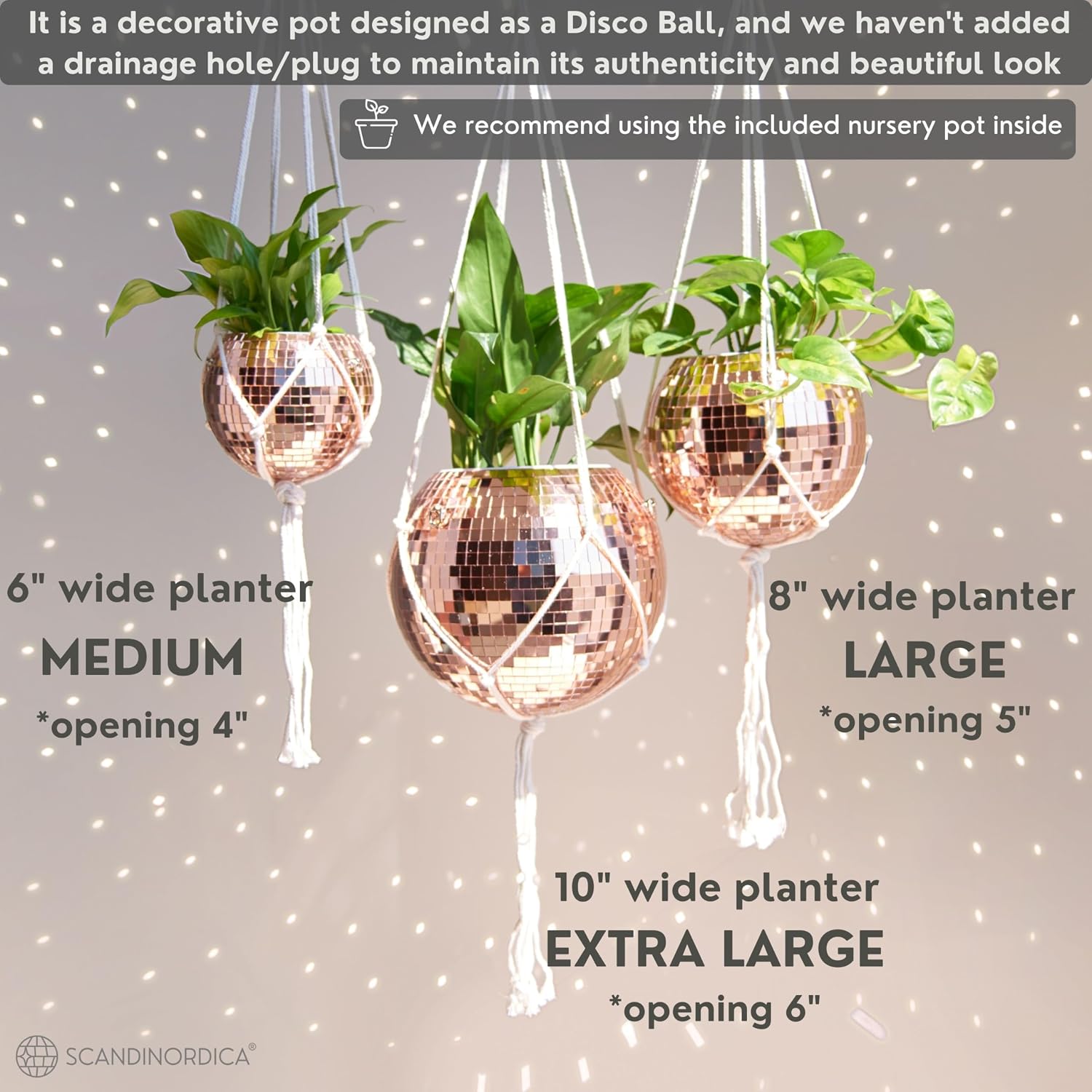 Disco Ball Planter – Value Package: Mirror Disco Planter with Chain, Macrame Hanger and Acrylic Stand for Desk