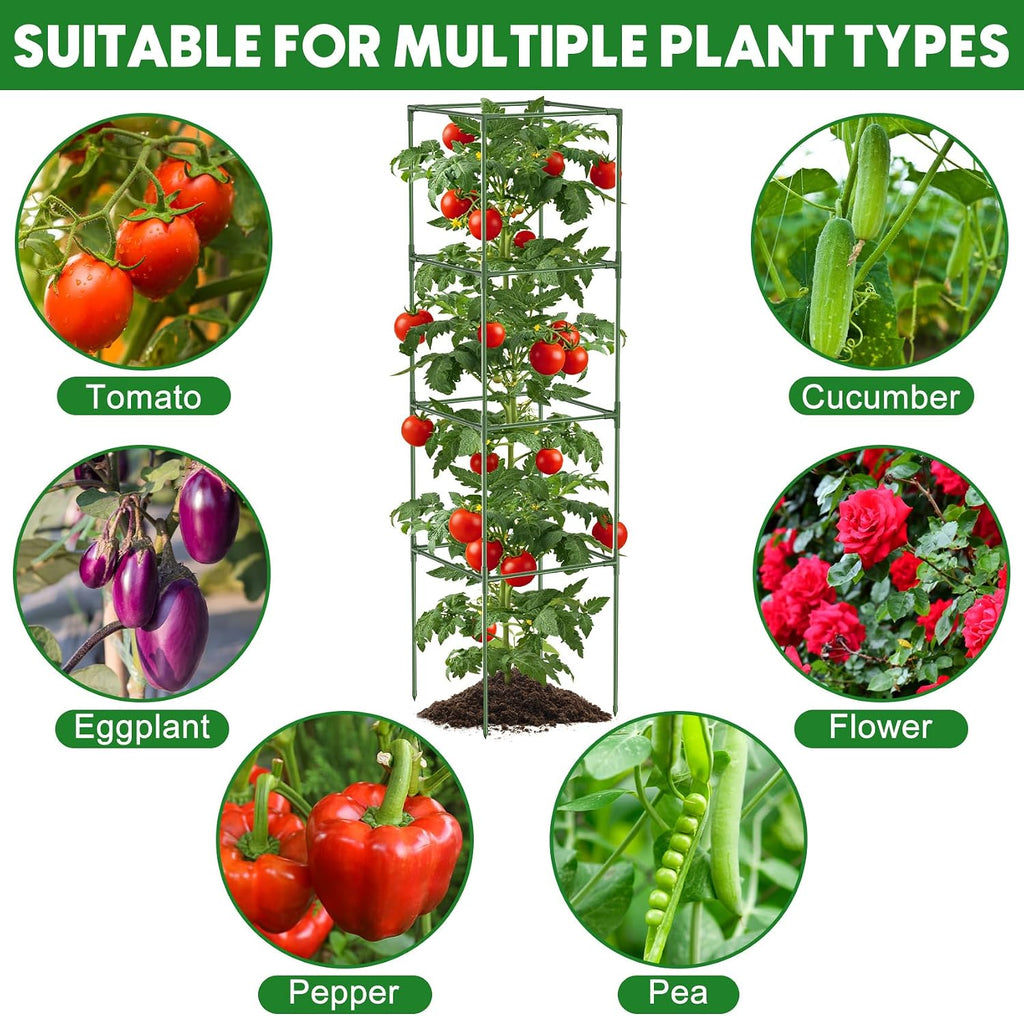 Unves 3 Pack Tomato Cage, 16" W x 66" H Tomato Trellis, with 50 Pcs Clips | Square Tomato Cage Support Frame, Suitable