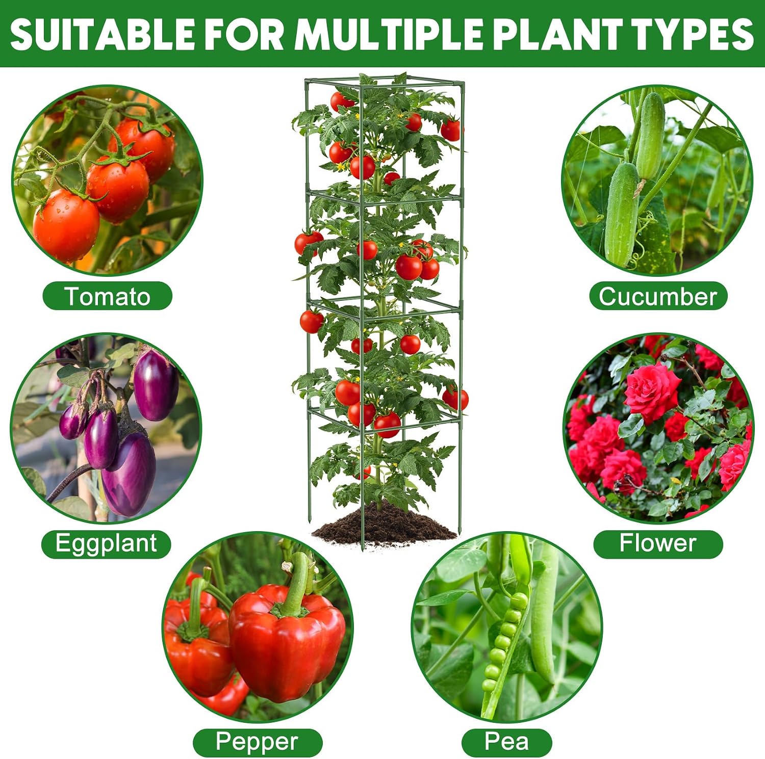 Unves 3 Pack Tomato Cage, 16" W x 66" H Tomato Trellis, with 50 Pcs Clips | Square Tomato Cage Support Frame, Suitable