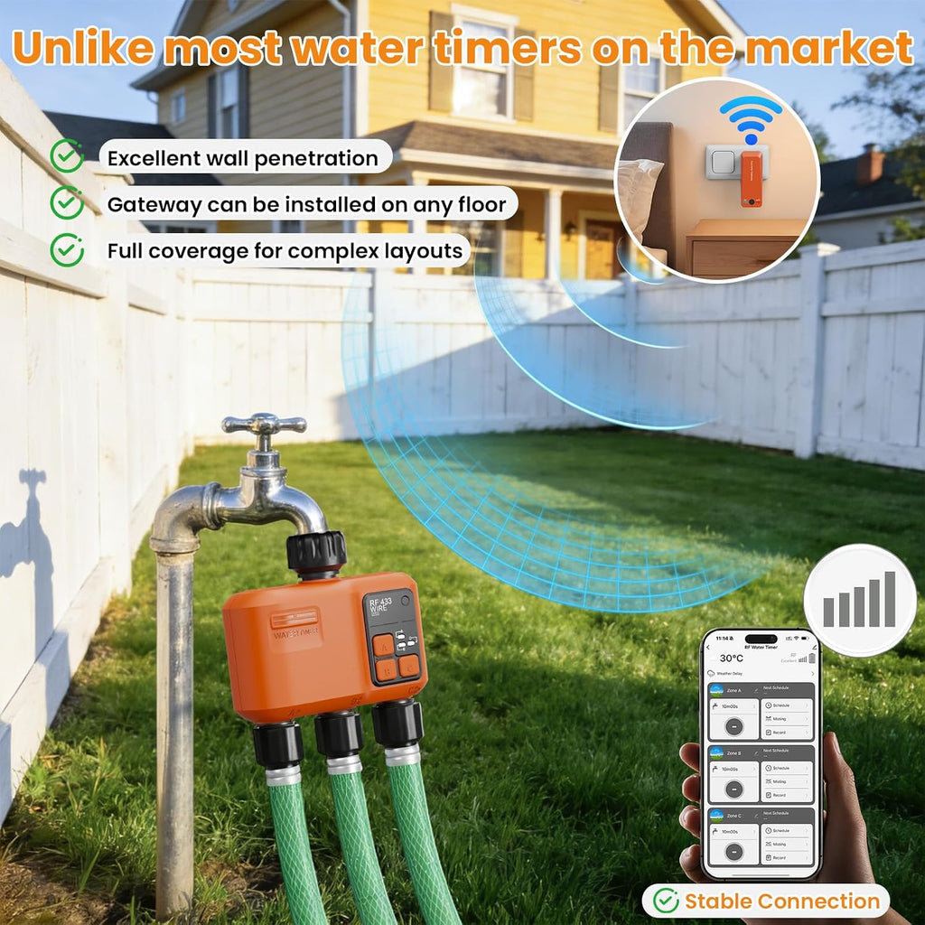 Smart WiFi Sprinkler Timer 3 Zone, Water Timer for Garden Hose Irrigation | 984 FT long range wireless connection with