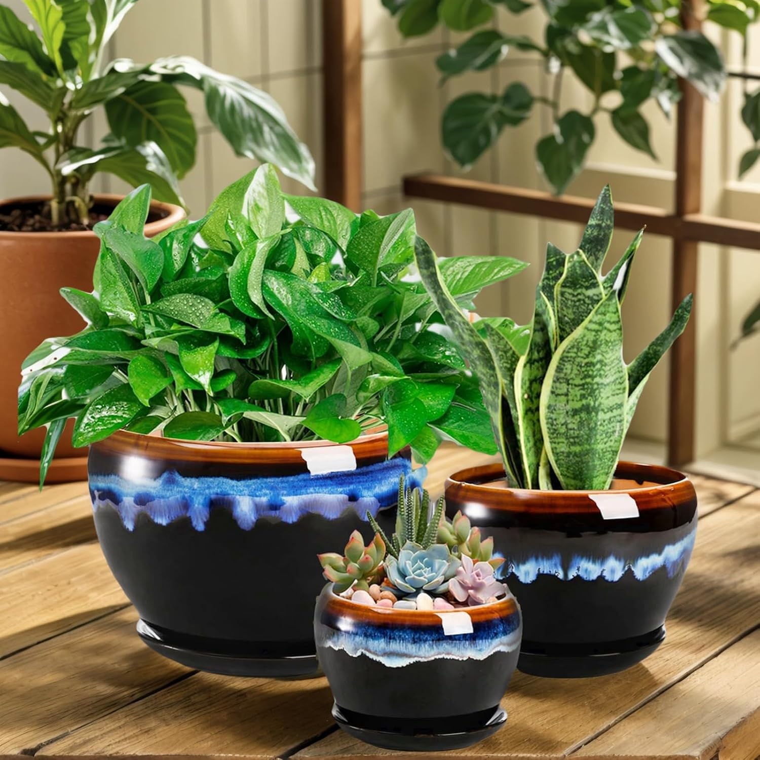 AVLA 3 Pack Ceramic Flower Pots, Gardening Drip Glazed Planter, Plant Pot with Drainage Hole and Saucer, 7/5/4 Inch