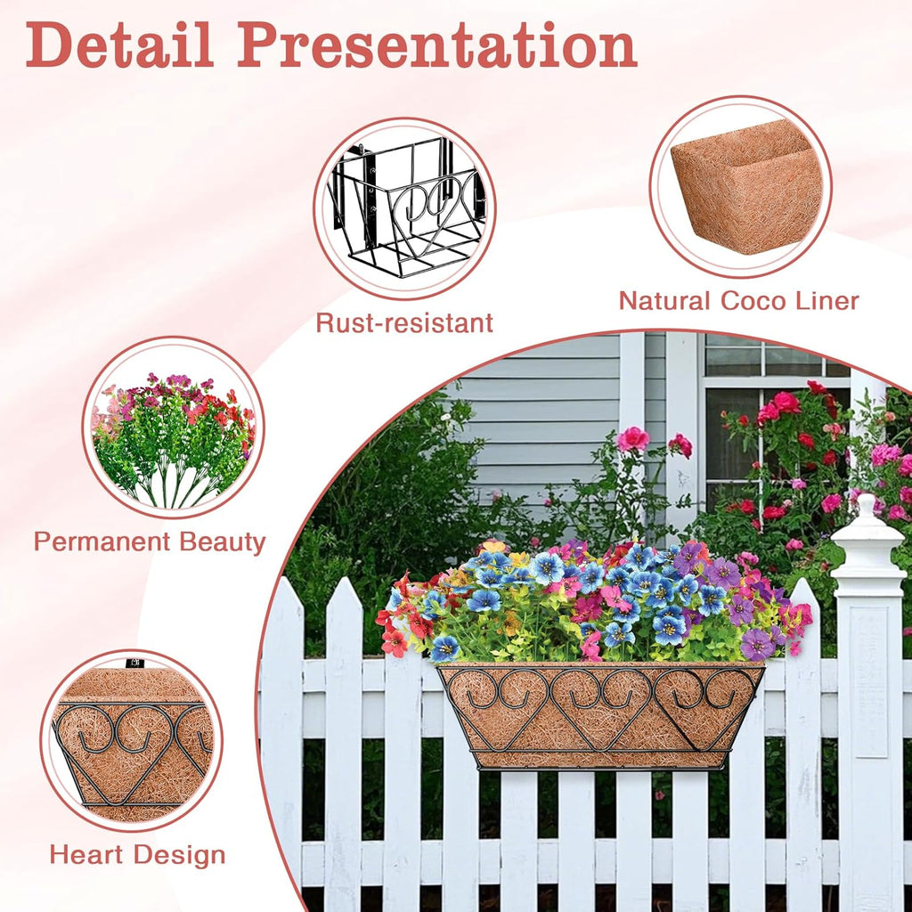 Halatool Railing Planter Box with Artificial Flowers, All Season Home Decor | 16 Inch Metal Window Box with Coco