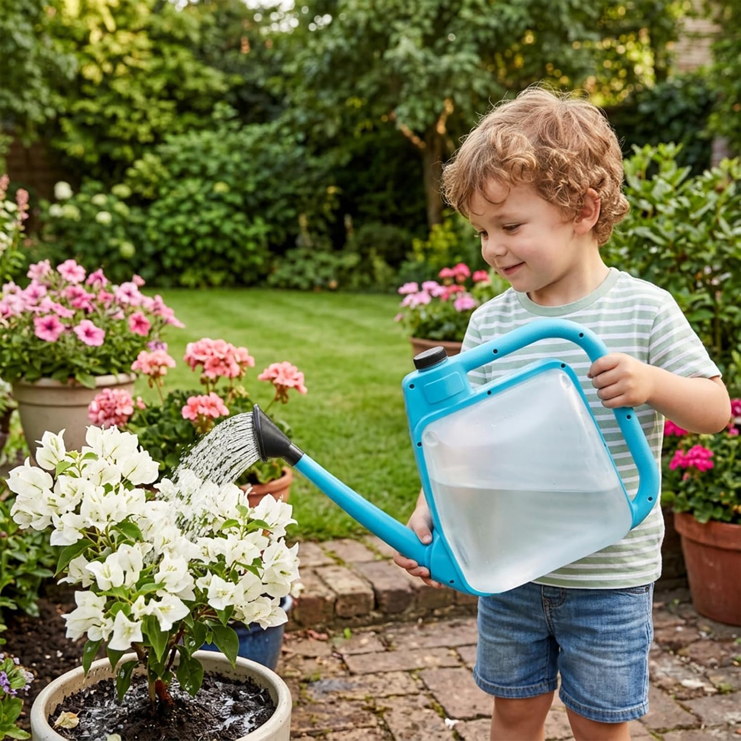 1.59 Gal Blue Clear Plastic Foldable Watering Can | Rotating nozzle, long spout, compact ergonomic design, dual