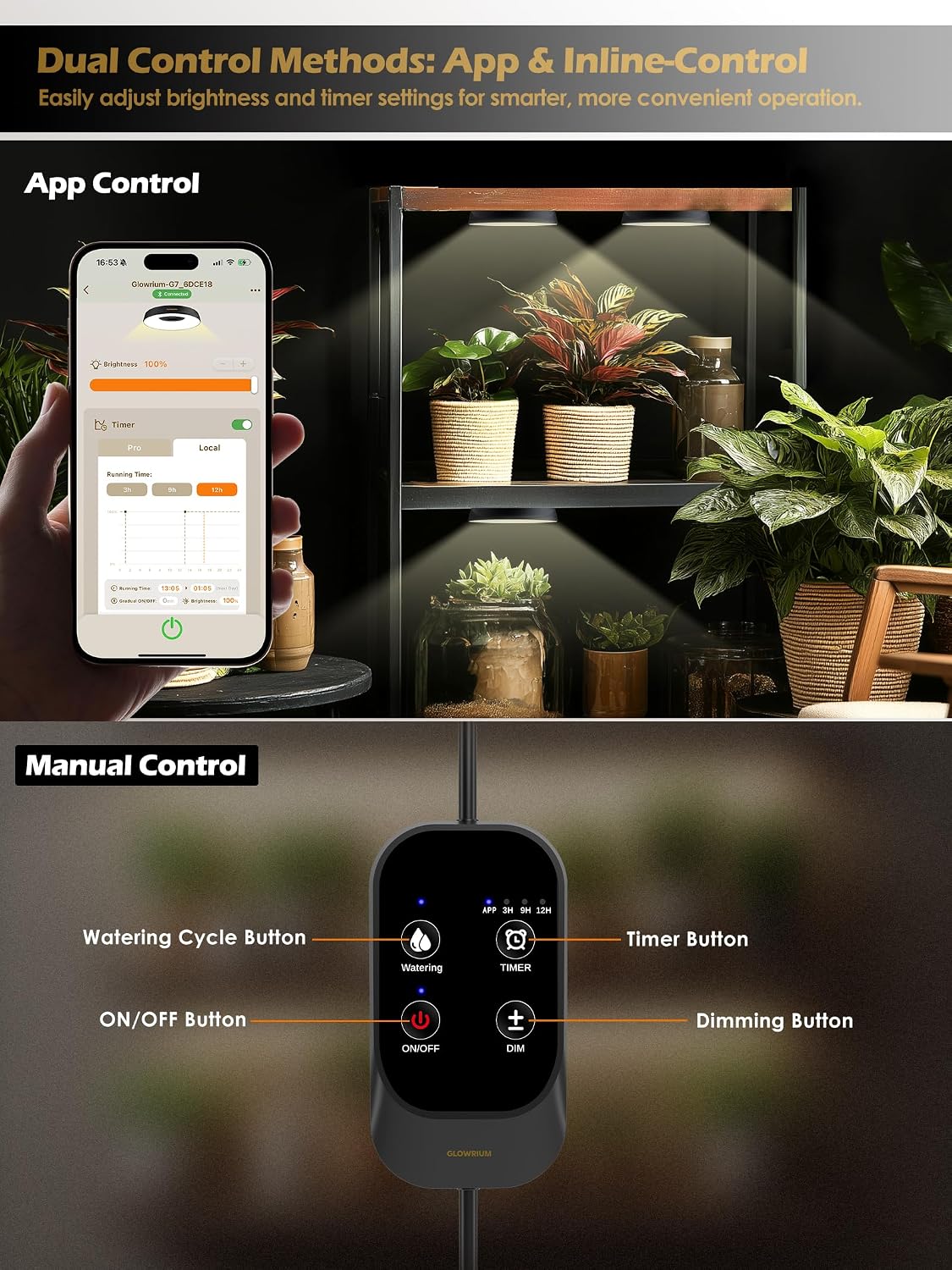 Smart Full Spectrum LED Grow Light for Indoor Plants (Black 2PCS) | 16W LED Grow Lights with Auto Timer, Stepless
