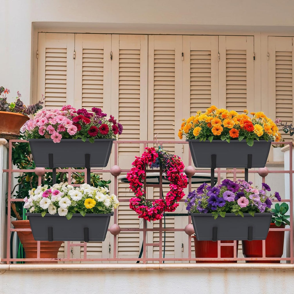 Railing Planter Box 2 Pack Rectangular Window Boxes Planters with Double Adjustable Brackets, Balcony Deck Railing
