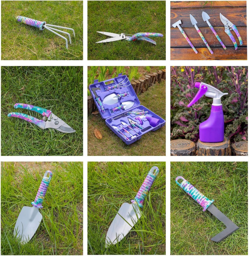 Gardening Tools, LEKEONE 10 Pieces Garden Tools with Floral Print, Ergonomic Handle Trowel Rake Weeder Pruner Shears