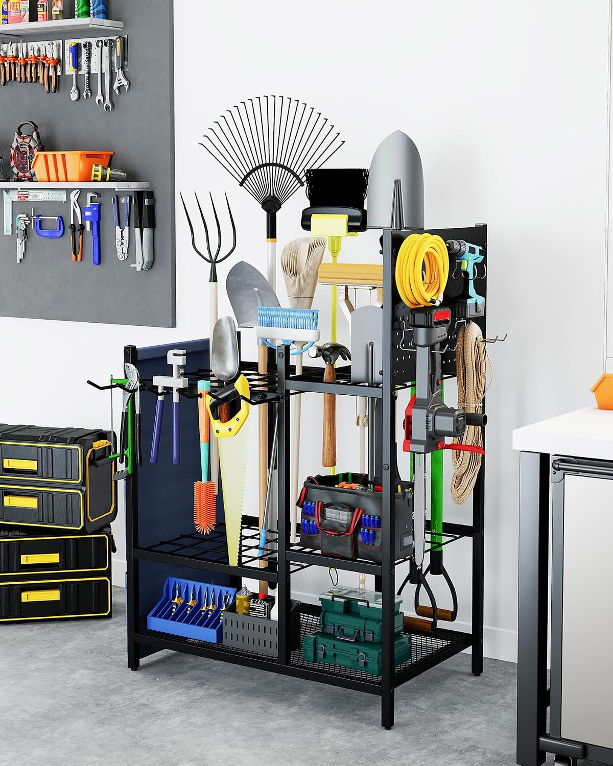 Garden Tool Organizer with Pegboard, Yard Tool Holder Standing for Garage Organization, Up to 30 Long-Handled/10