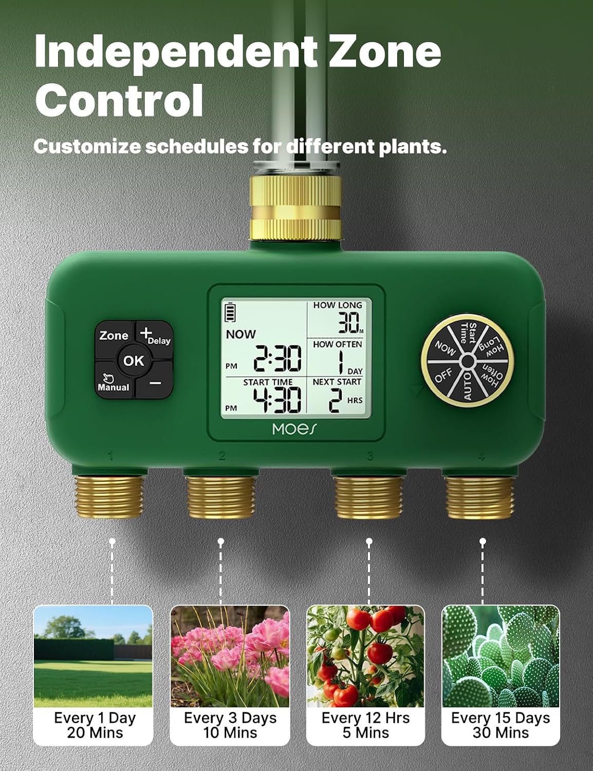 MOES 4 Zone Water Timer, Brass Fittings, Sequential Watering, No Wi-Fi | 4 Independently Programmable Outlets With 3/4
