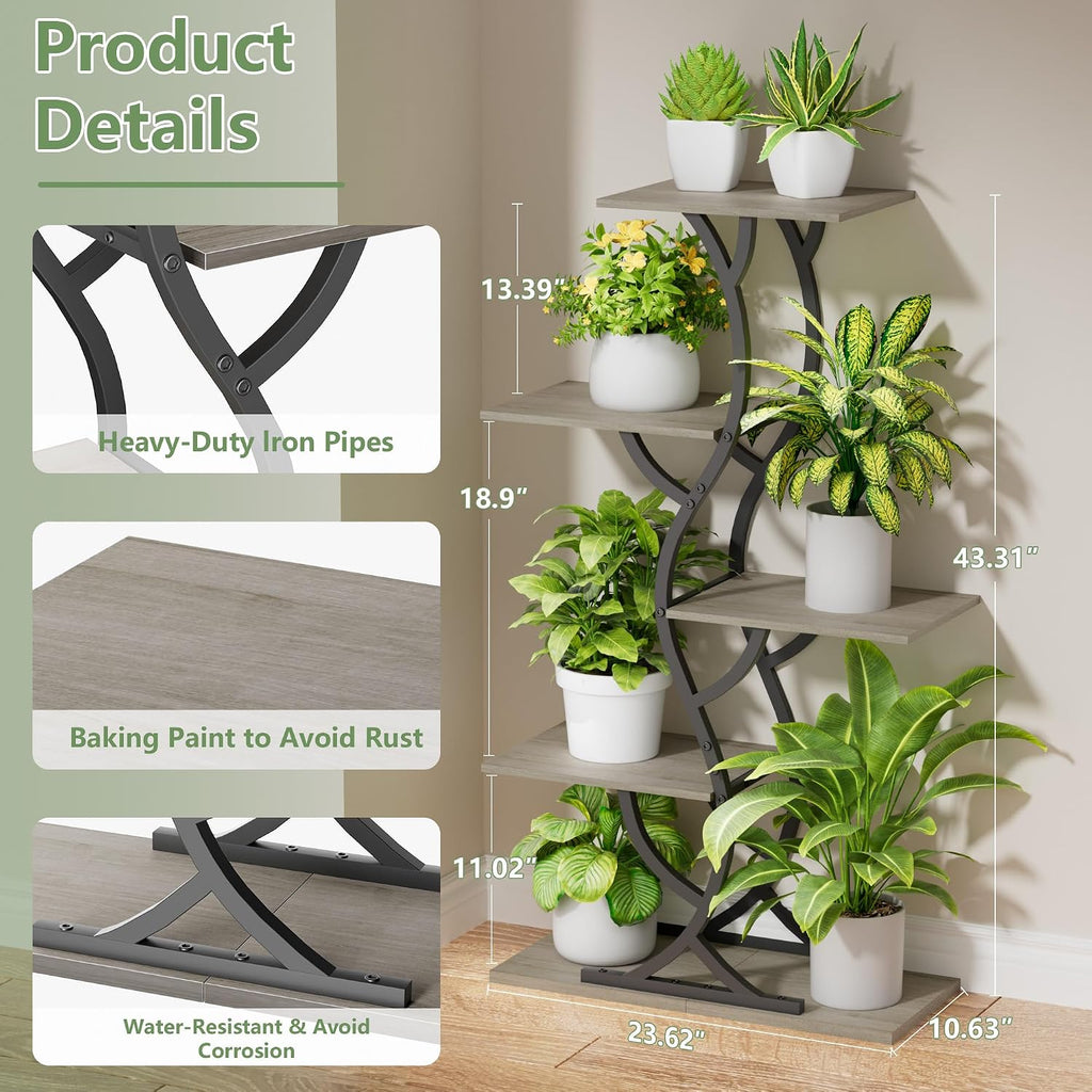 Plant Stand Indoor with Grow Lights - 5 Tiered Corner Plant Shelves (Gray) | 44" Tall Metal Plant Shelf, S-Shape