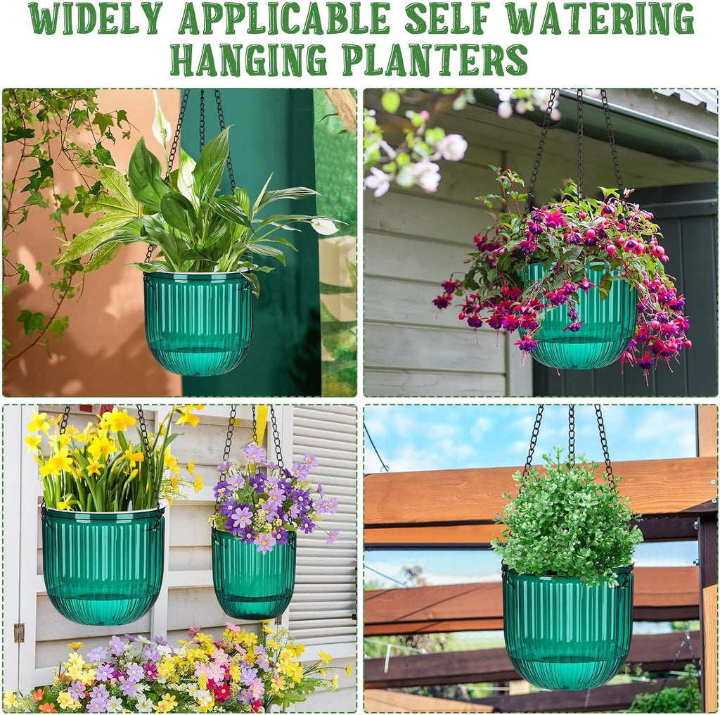 4 Pcs Self Watering Planters 6.5'' 4.5'', Emerald | Hanging Pots for Indoor Plants with Drainage Holes and 3 Hooks