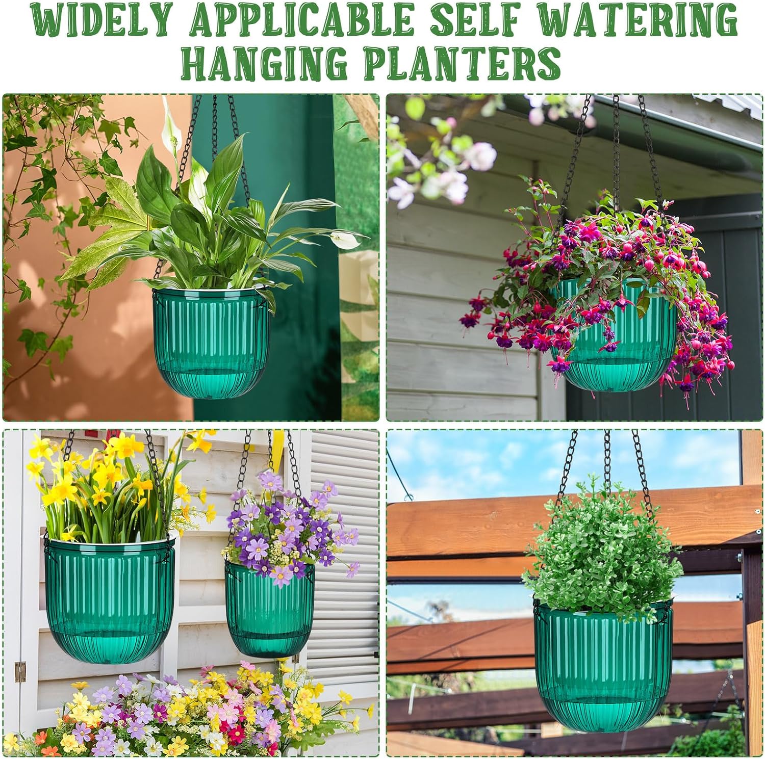 4 Pcs Self Watering Planters 6.5'' 4.5'', Emerald | Hanging Pots for Indoor Plants with Drainage Holes and 3 Hooks