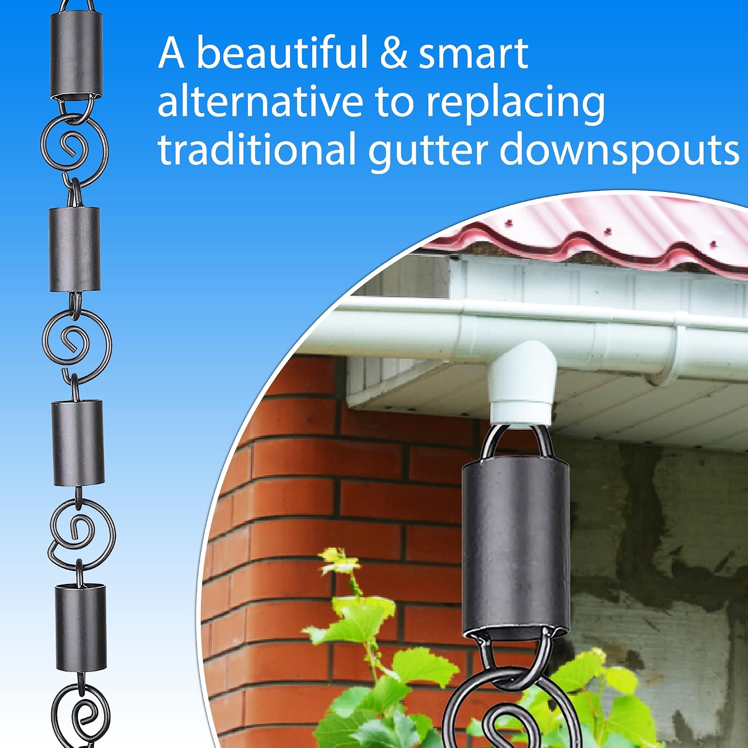 Spiral Rain Chains for Gutters 8.5ft Black