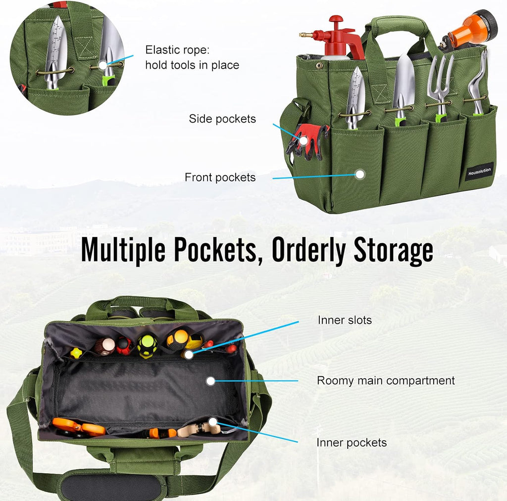 Housolution 14Inch Garden Tote Bag, 900D Standable, Dark green | Garden Tote Storage Bag with Pockets&Long Adjustable