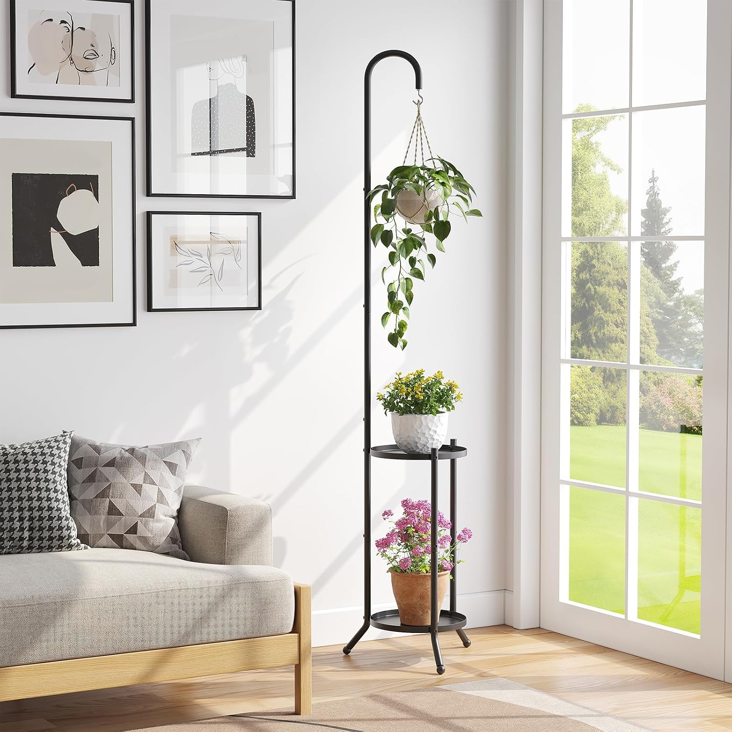 2-Tier Metal Plant Stand with Hanging Hook, Indoor Outdoor Plant Shelf,Heavy Duty Plant holder Rustproof Iron Multiple