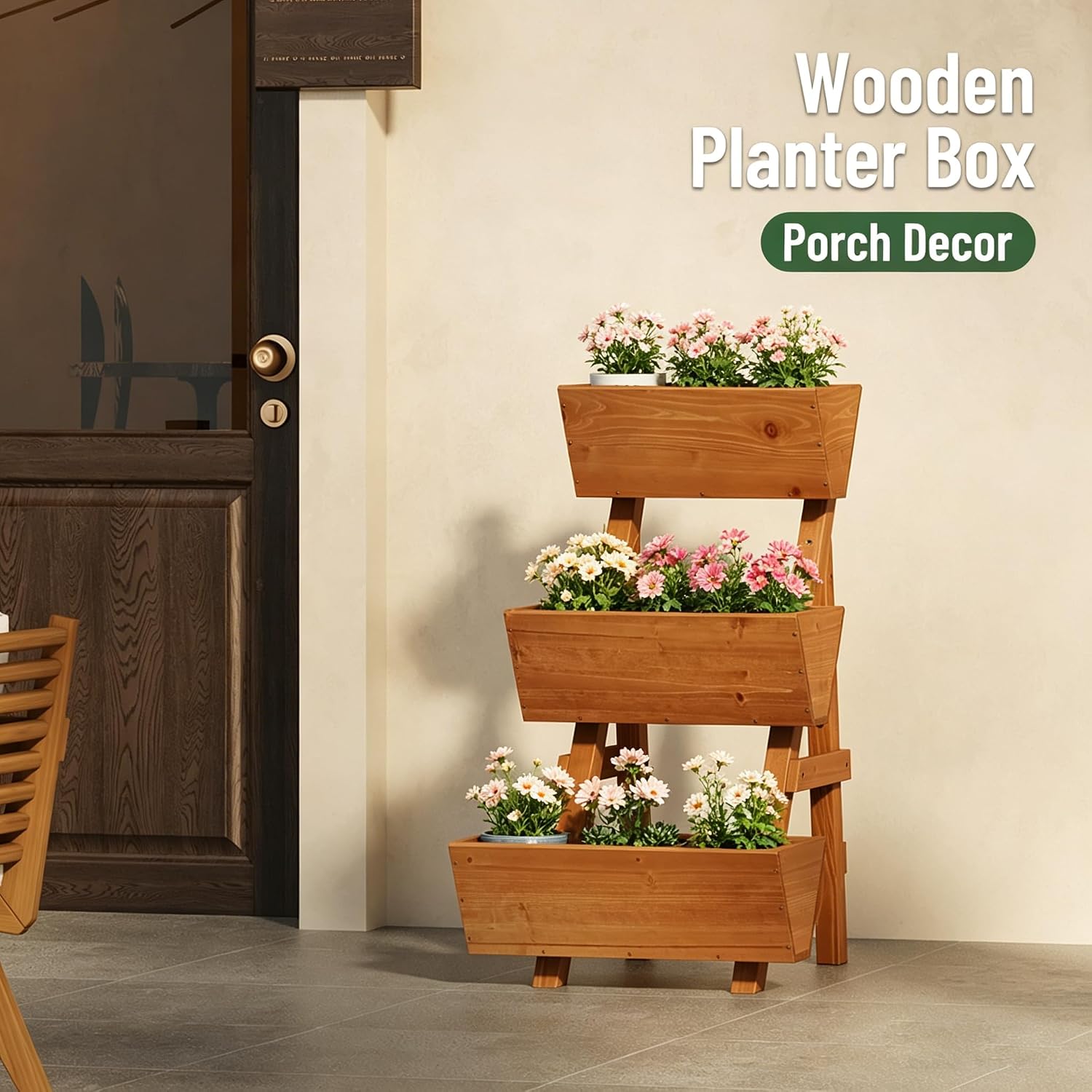 3-Tier Vertical Wooden Raised Garden Bed, Garden Planter Box, Small-Brown | Freestanding Wood Flower Rack, Planter Box