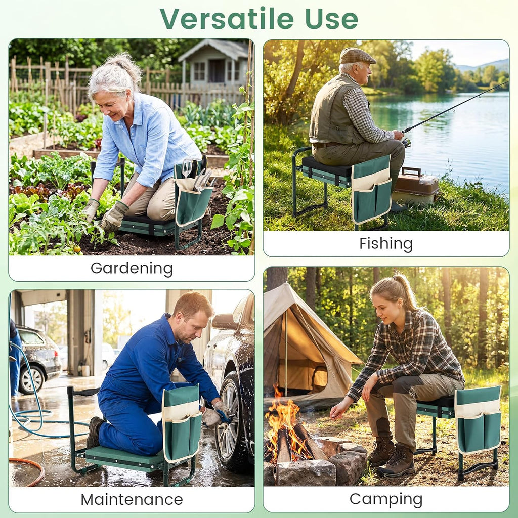 2-in-1 Garden Kneeler and Seat, Folding Garden Seat w/EVA Foam Kneeling Pad & Removable Tools Pouch, Sturdy Steel