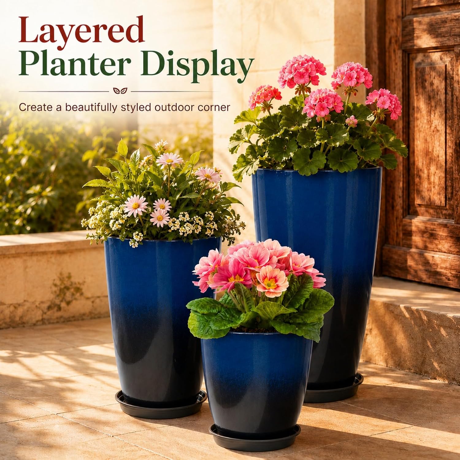 Neoaider Set of 3 Tall Planter, 24/21/12in Large Plastic Planter, Dark Blue | Ceramic-Look, Lightweight, Built-in Drain