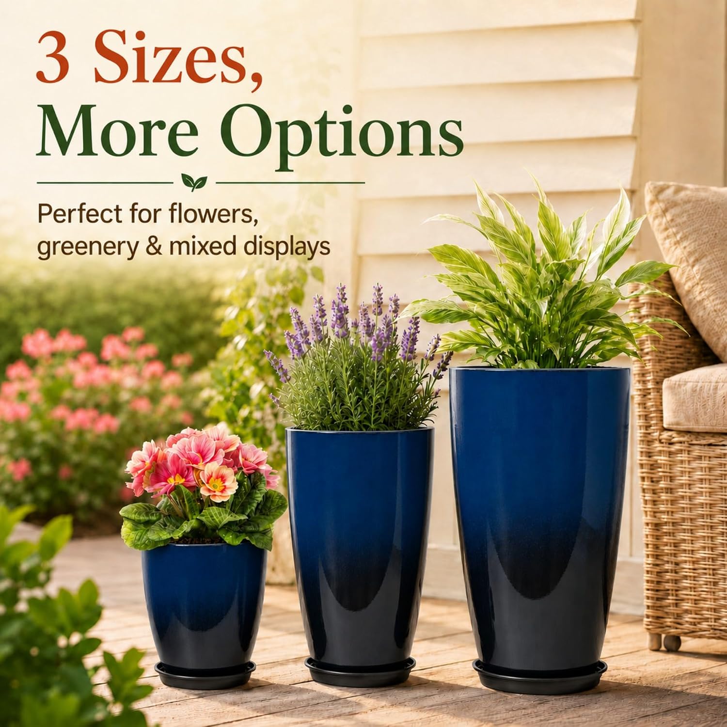 Neoaider Set of 3 Tall Planter, 24/21/12in Large Plastic Planter, Dark Blue | Ceramic-Look, Lightweight, Built-in Drain