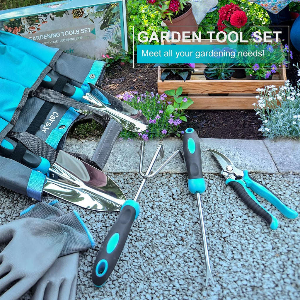 Gardening Tools, Carsolt 10 Piece Heavy Duty Stainless Steel Garden Tools Set with Ergonomic Rubber Handle. Variety of