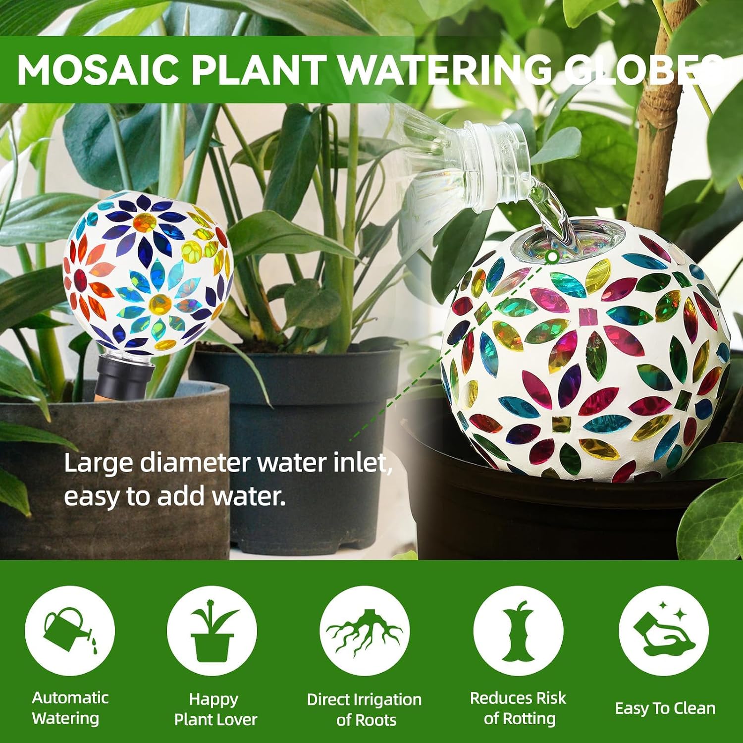 VOREEN Mosaic Glass Plant Watering Globes 2 Pack 500ml with Terracotta Spikes, Handmade Self-Watering Stakes for