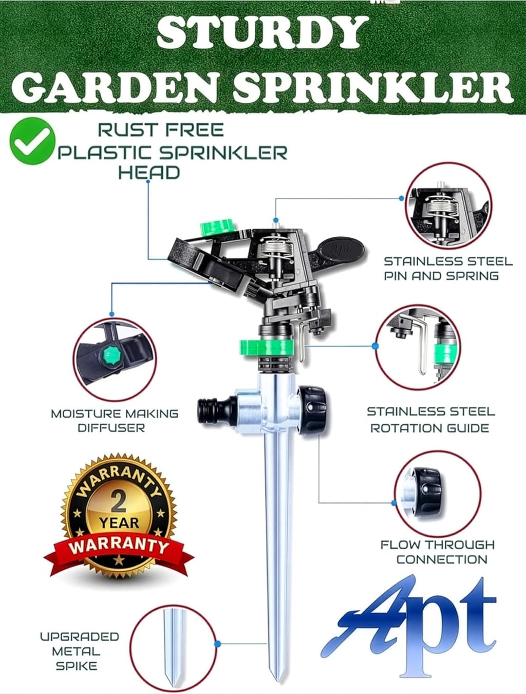 APT Sprinklers for Yard Lawn & Garden| 80 to 5800 Sq Ft Adjustable (2-Pack) | Pulsating impact Rotating Custom Pattern