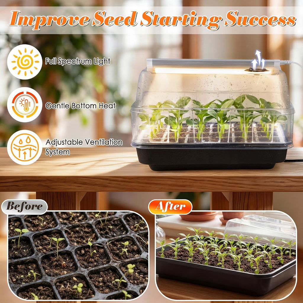 Seed Starter Tray with Grow Light and Heated Base for Faster Germination | T8 Full-Spectrum Light, 8.2in Adjustable