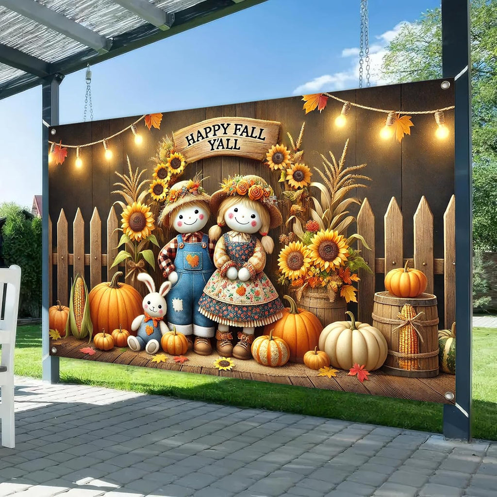 BlissYard Happy Fall Y'all Backdrop Banner Autumn Thanksgiving Harvest Holiday 71x43 Inchs Fall Scarecrow Sunflower Banner Autumn Thanksgiving Outdoor Indoor Party Decor