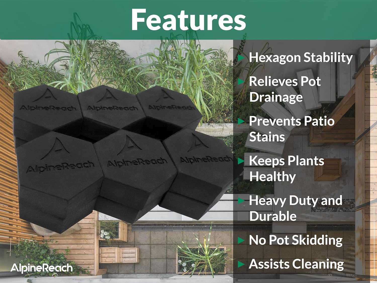 AlpineReach Extra Heavy Duty Pot Feet Risers 20 Pack Hexagons & Adhesive Pads - Protect Healthy Plants - Strong