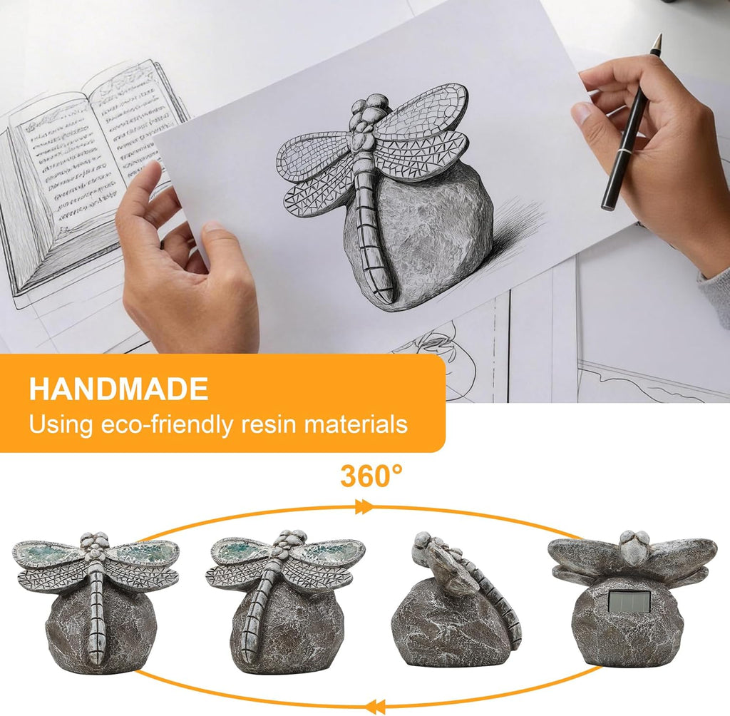 Solar Dragonfly Garden Statues & Light, Outdoor Resin Yard Figurine Decor | Solar Powered IP65 Waterproof Garden