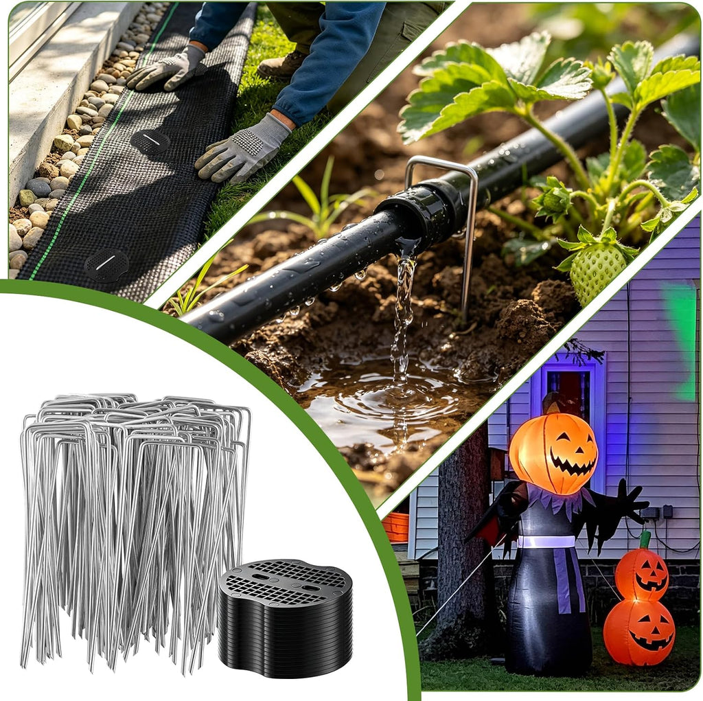 200Pcs Garden Stakes Staples Kit, 100Pcs 6 Inch U-Shaped Landscape Staples, 100Pcs Fixing Gasket for Weed Barrier