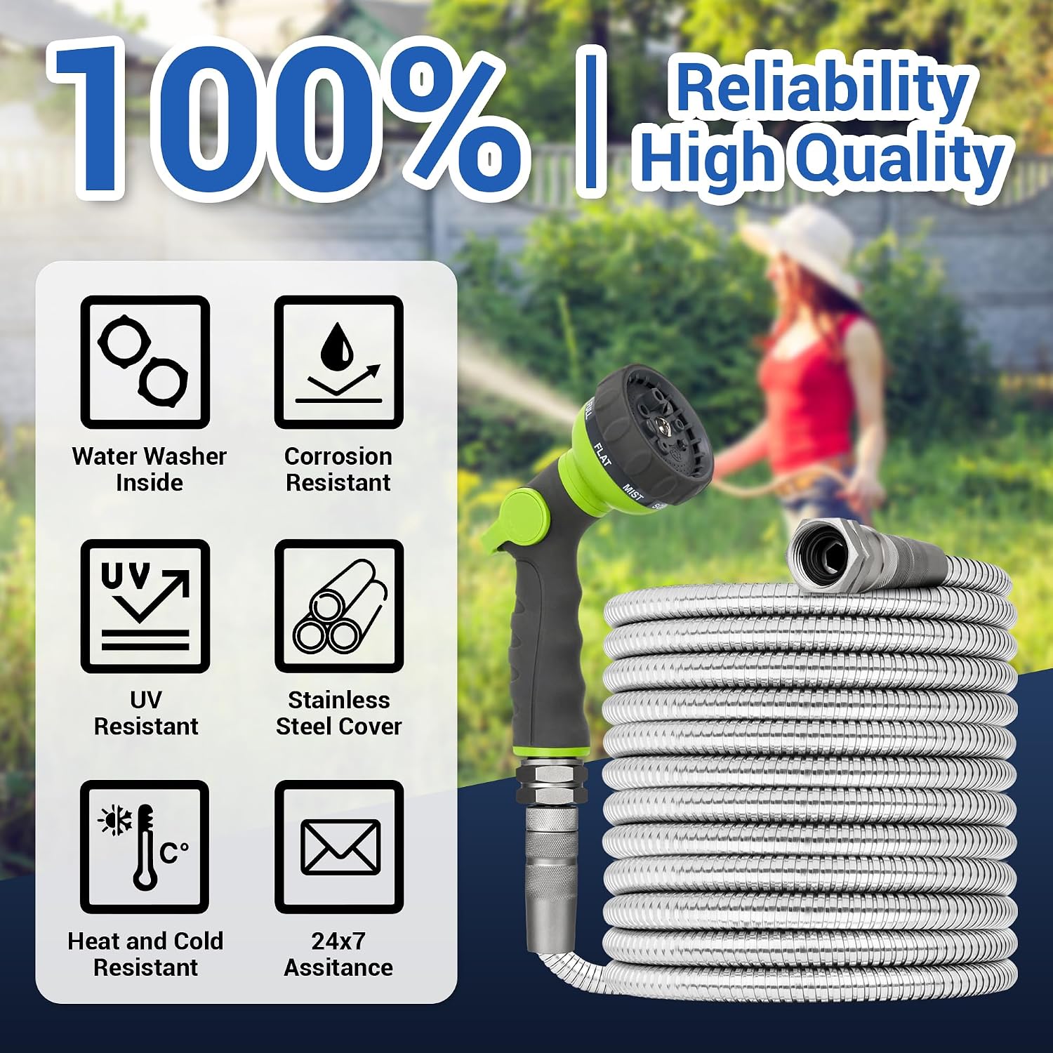 50 FT Stainless Steel Garden Hose – Heavy Duty 50FT Metal Water Hose Pipe | 304 Steel, No-Kink, Puncture Resistant