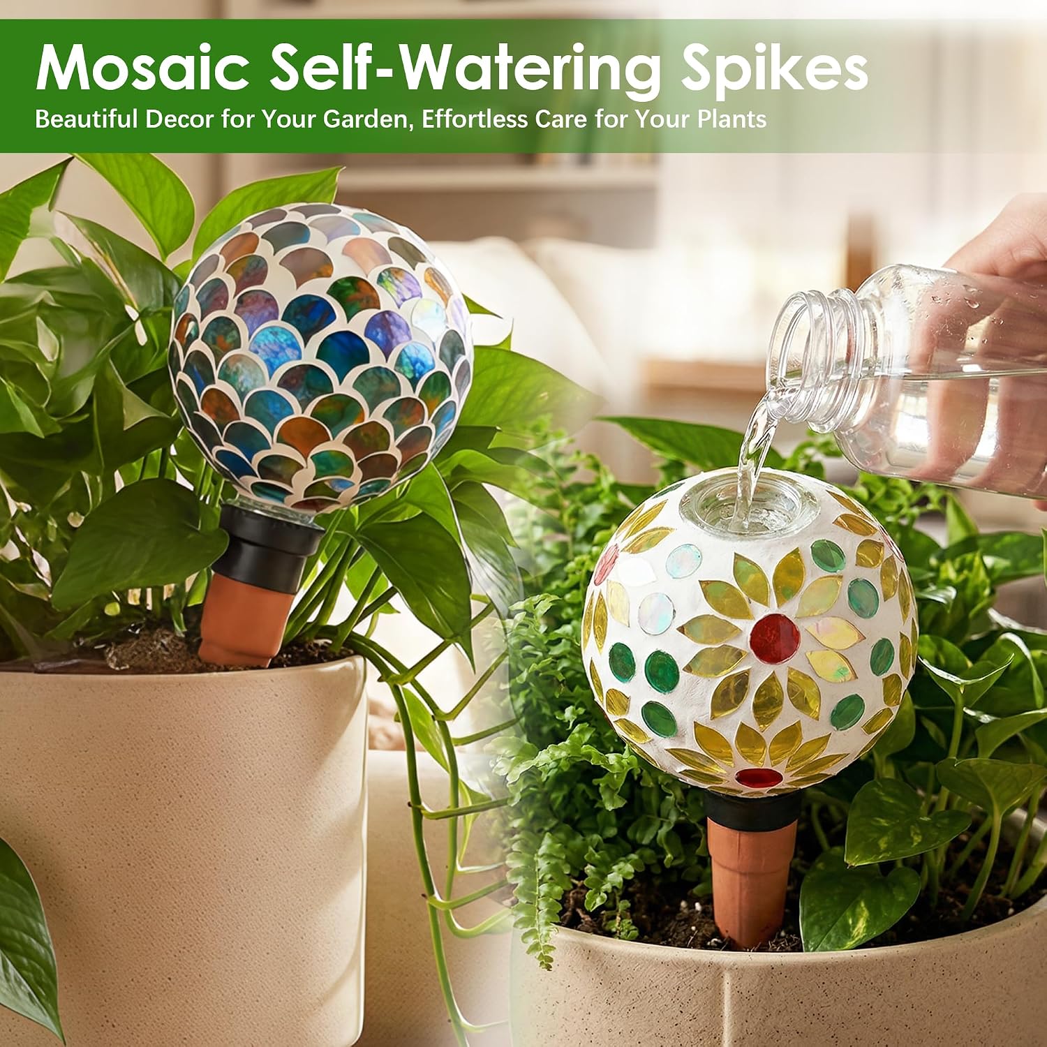 Plant Watering Globes Mosaic Self Watering Spikes 2 Pack | Indoor Outdoor Plants Automatic Plant Waterer Plant Watering