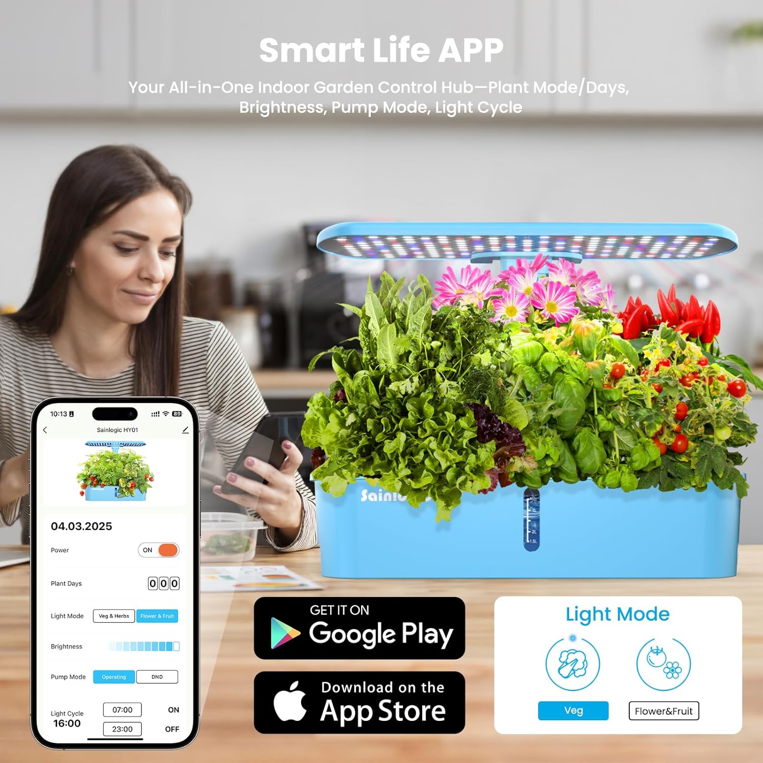 Sainlogic Hydroponics Growing System, 12 Pods Indoor Garden 24W Adjustable-Height LED Grow Light, Gift for Mom, APP &