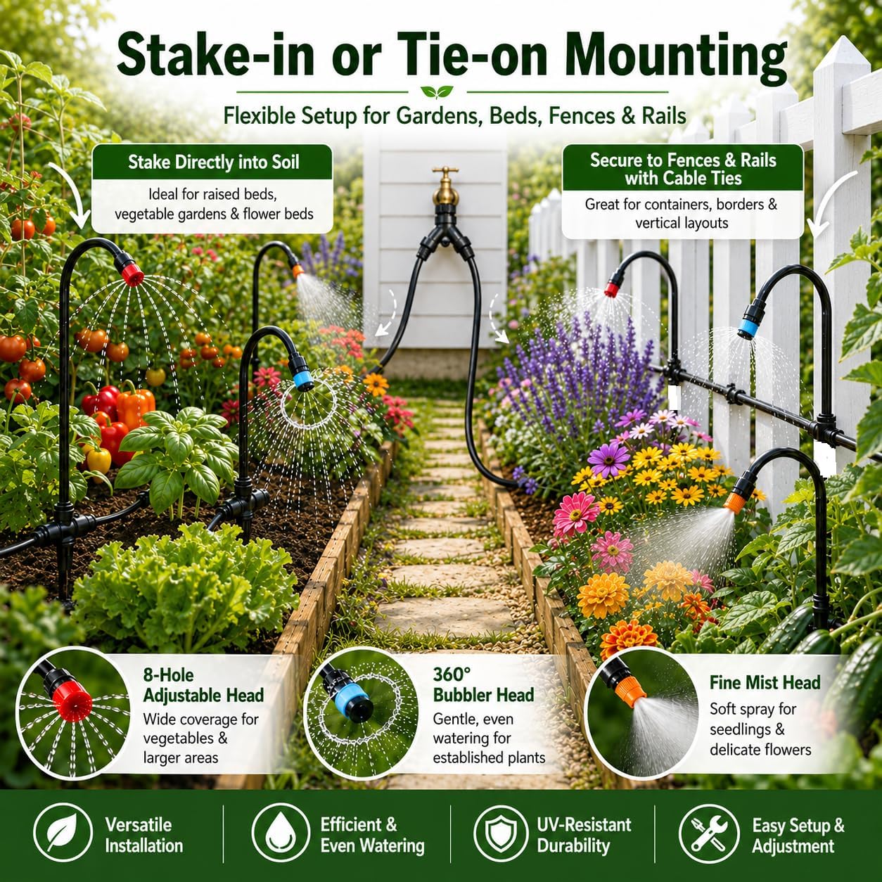 100FT 5/16" Drip Irrigation Kit, 18 Emitters for Raised Beds | 18 flexible gooseneck emitters with 3 spray modes for