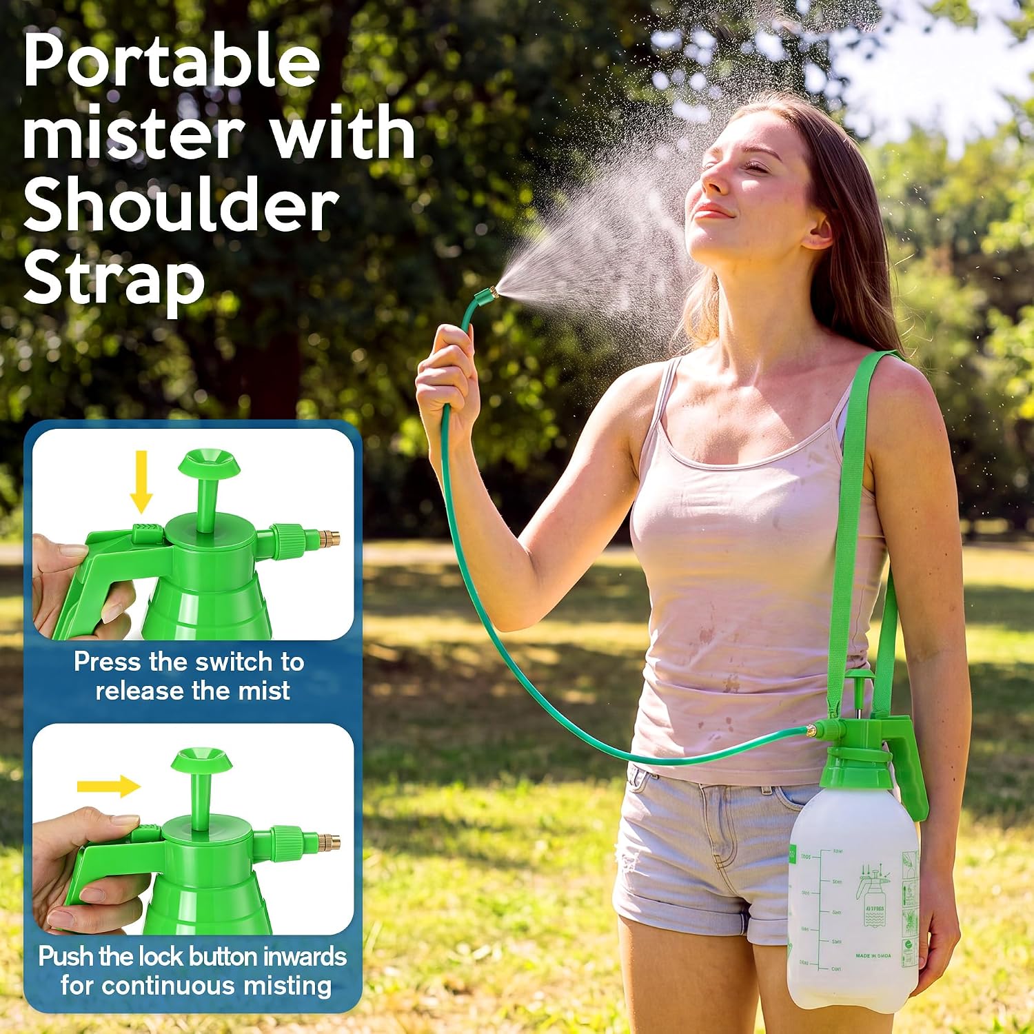 Personal Mister, 2 in 1 Water Spray Bottle with 3.3ft Mist Line, 2L,Green | Portable Cooling Mister With Shoulder