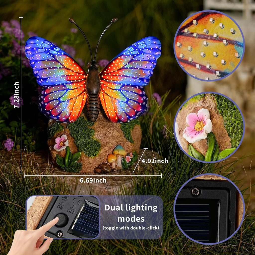 WSgift Solar Butterfly Garden Statue Weatherproof Outdoor Hand-Painted Decor Butterfly Resin Figurine Orange