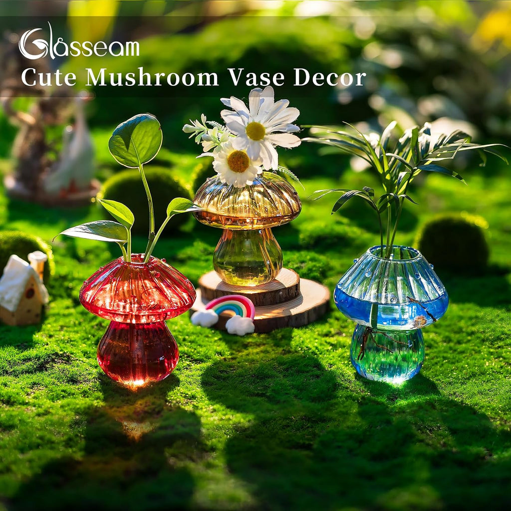 Glasseam 3Pcs Mushroom Propagation Station: Glass Terrarium Jar for Plants | With Wood Stand, Colorful Handmade