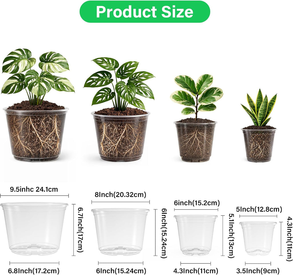 Bluepro Clear Nursery Pots with Drainage Holes, 5/6/8/10 Inch, 16-Pack | Clear PET, 4 Each of Four Large Sizes, Root