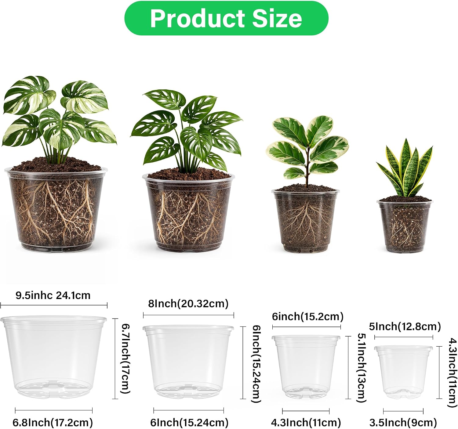 Bluepro Clear Nursery Pots with Drainage Holes, 5/6/8/10 Inch, 16-Pack | Clear PET, 4 Each of Four Large Sizes, Root
