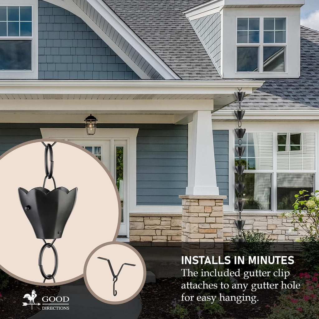 13 Cup Tulip Black Aluminum 8.5 ft. Rain Chain with Gutter Installation Clip by Good Directions