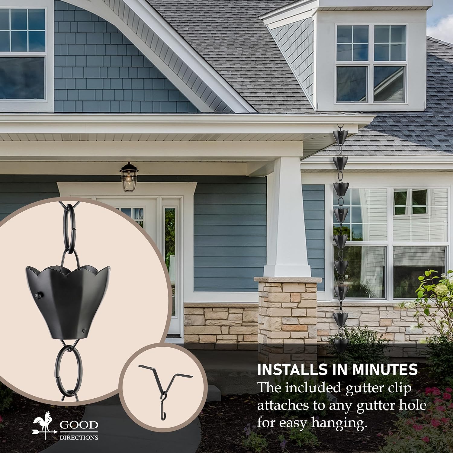 13 Cup Tulip Black Aluminum 8.5 ft. Rain Chain with Gutter Installation Clip by Good Directions