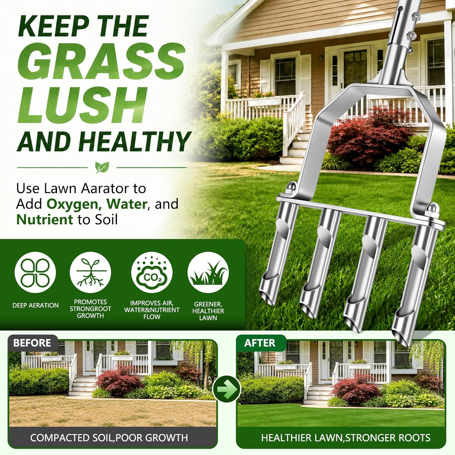 Stainless Steel Aerator Lawn Tool, Manual Core Aerator with 4 Hollow Tines | Heavy Duty Grass Aerator, Anti-Clogging
