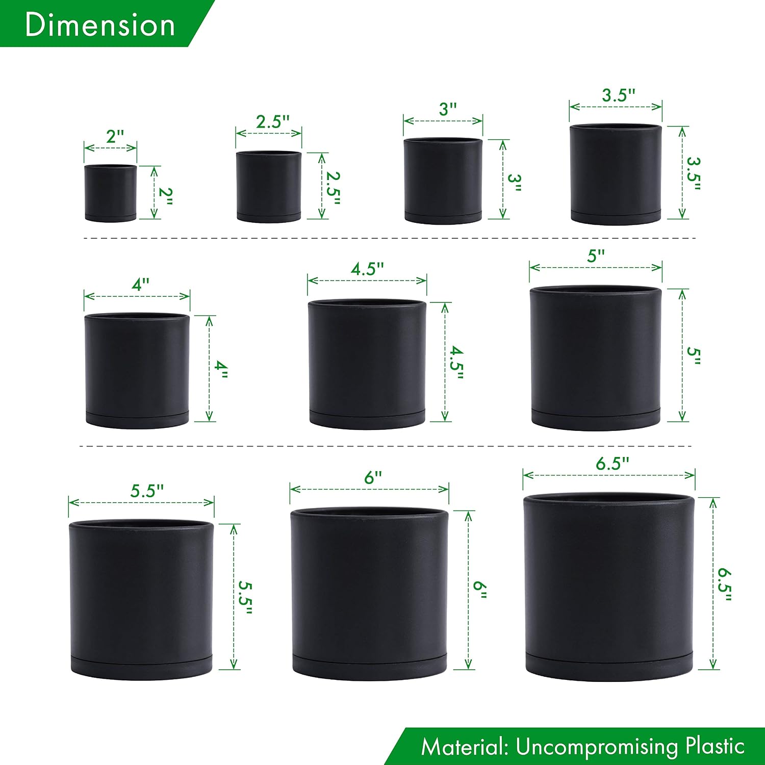 D'vine Dev 10-Pack Plastic Pots with Saucers, 2-6.5 in, Black, 74-S-B | Multi-Size Planting Solution, Lightweight
