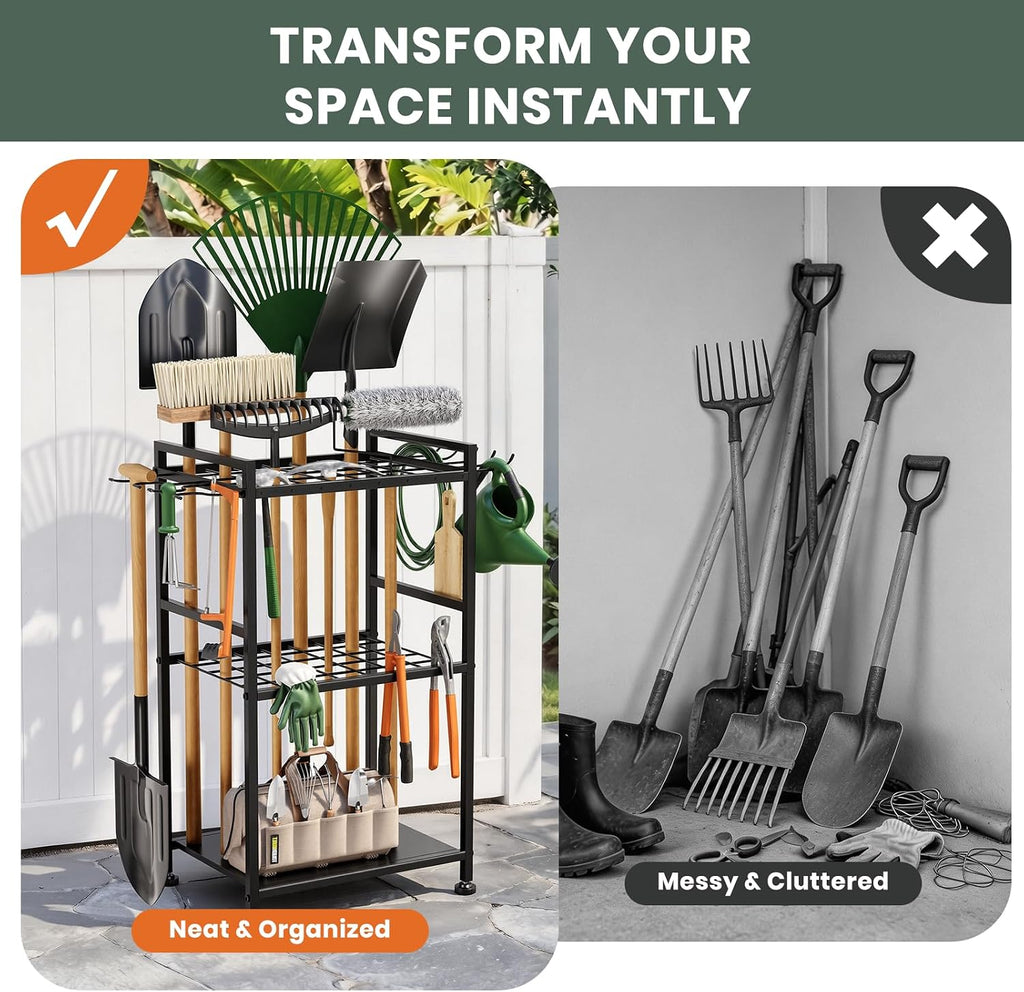 SPACECARE Garden Tool Organizer with Feet Up to 35 Long-Handled Tools Black | Yard Tower Rack for Garage Organization